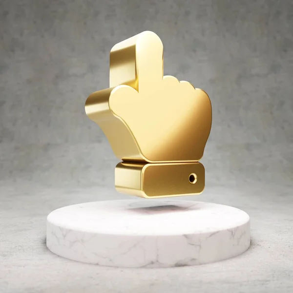 Hand Point Up icon. Shiny golden Hand Point Up symbol on white marble podium.
