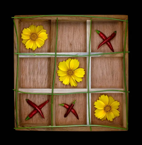 Noughts Crosses Tic Tac Toe Daisies Chillies — Stock Photo, Image