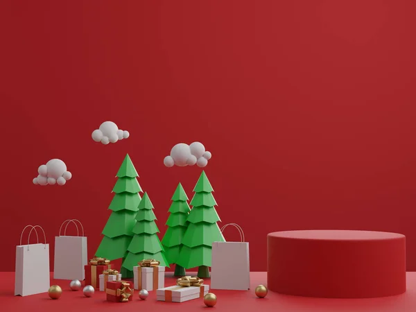 Piros Háttér Pódiummal Ajándékdoboz Karácsonyfák — Stock Fotó