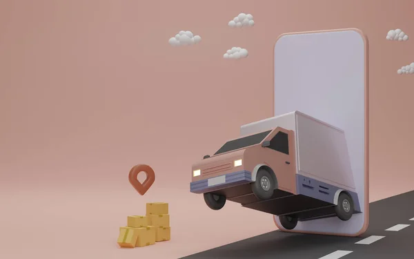 在线交付服务应用概念 交付面包车和移动电话 — 图库照片