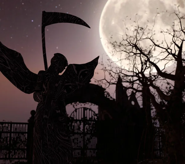 Ангел Смерти Перед Воротами Жуткий Ночной Фон Луной — стоковое фото