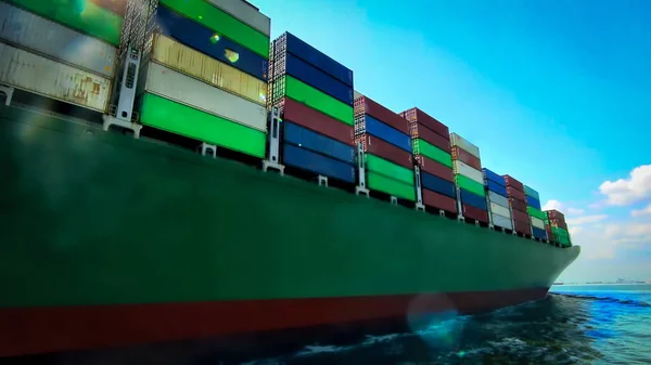 从事进出口和商业物流的集装箱船 由起重机 贸易港口 货运港 国际运输 商业物流概念 — 图库照片