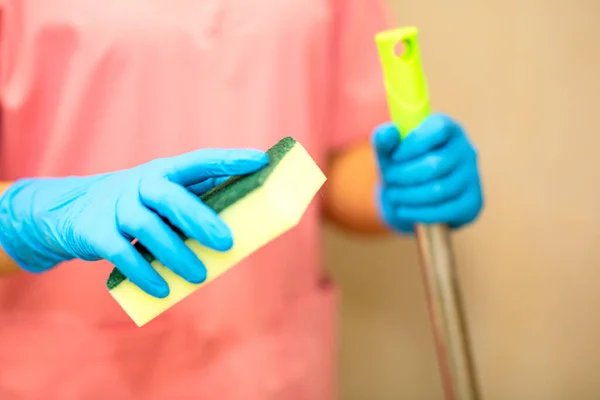 Close Women Hand Blue Rubber Glove Cleaning Spong Picture Removes — Stock Photo, Image