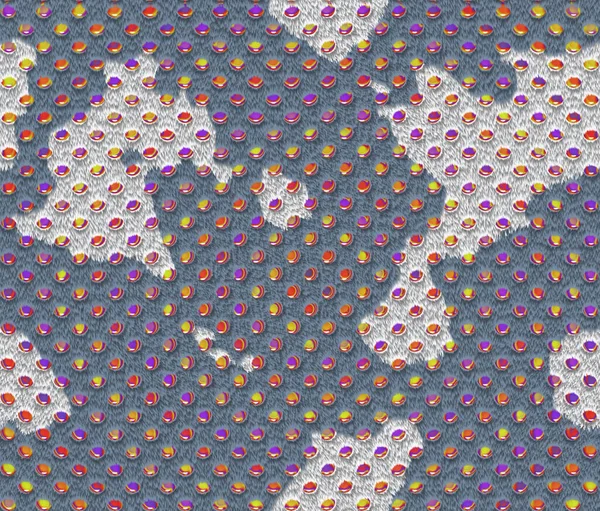 Seamless pattern of cow fur with white spots and sparkling multicoloured diamonds.