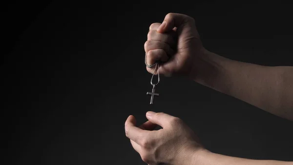 Cross Crucifix Pendant Necklace Man Hand — Stock Photo, Image