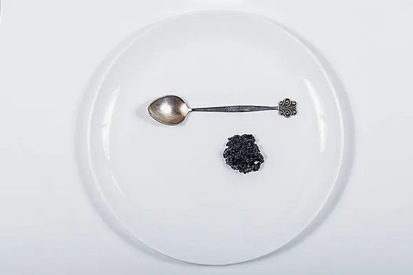 Spoon Plate Black Caviar Sturgeon Expensive Delicacy View — Stock Photo, Image