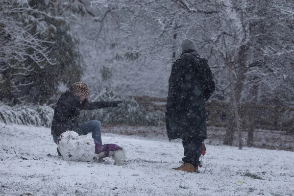 马德里的退休公园里 人们享受着雪天 — 图库照片