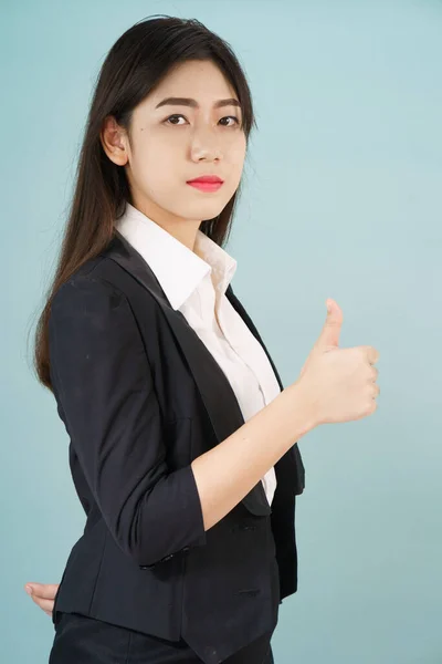 Asian Businesswoman Suit Showing Thump — Stock Photo, Image