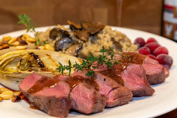 Grilled Venison Fillet Truffle Risotto Bittersweet Grilled Chicory Classic Red — Stock Photo, Image