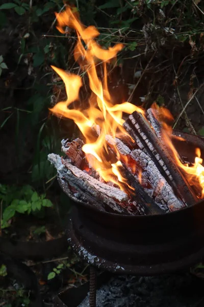 Firewood Burns Homemade Brazier — Stock Photo, Image