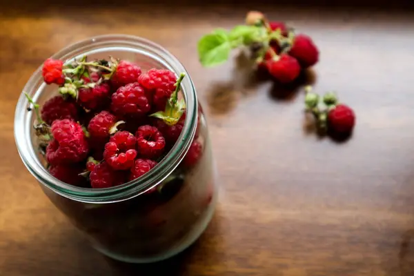 Fresh Raspberry Berries Glass Jar —  Fotos de Stock