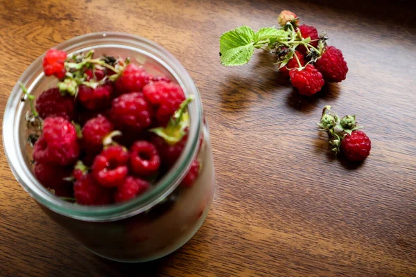 Fresh Raspberry Berries Glass Jar — Stock Photo, Image