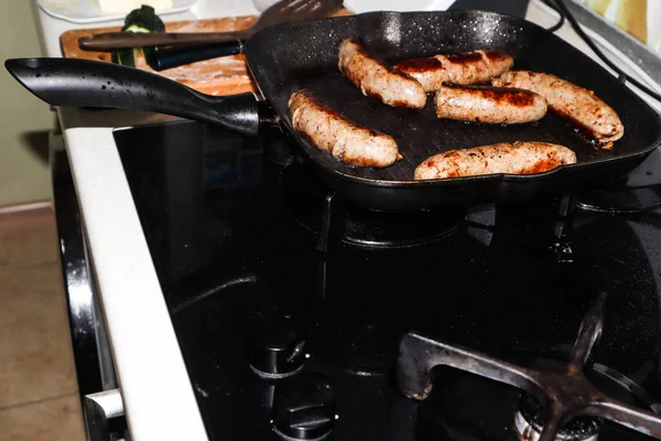 Fried Sausages Corrugated Pan — Stock Photo, Image
