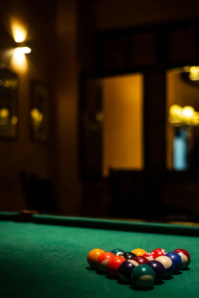Billiards Balls Pool Table Cozy Dark Bar Interior — Stock Photo, Image