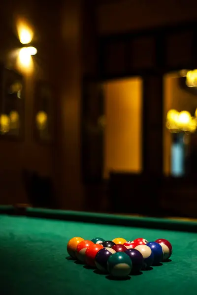 Billiards Balls Pool Table Cozy Dark Bar Interior — Stock Photo, Image