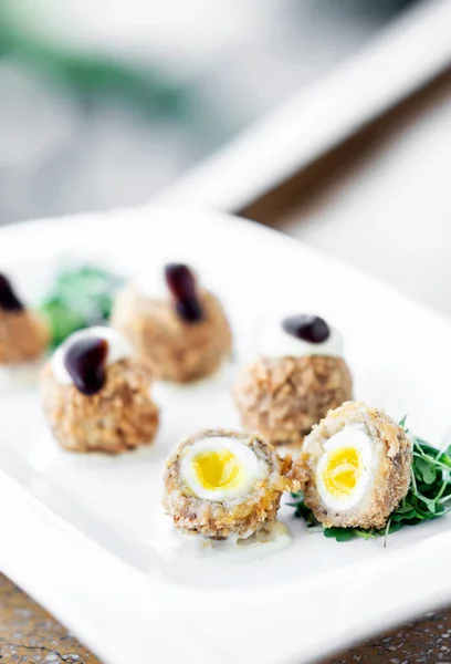 Gourmet Organic Scotch Quail Eggs Starter Snack Table — Stock Photo, Image