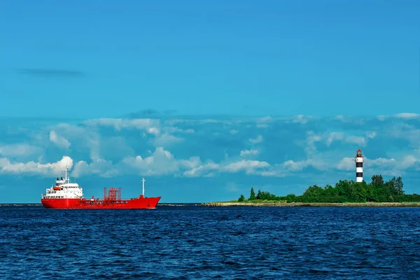 Red tanker ship background view