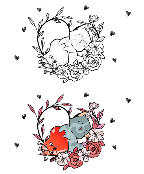 Adorable Cat Heart Heart Vine Cartoon Coloring Page — Stock Photo, Image