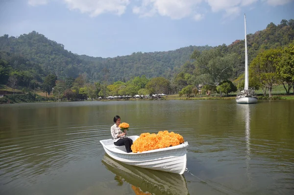 Asian Woman Holding Orange Flower Bouquet Rowing Boat Rowboat — ストック写真