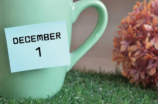 Minzbecher Mit Datum Und Dezembermonat Auf Rasenfläche — Stockfoto