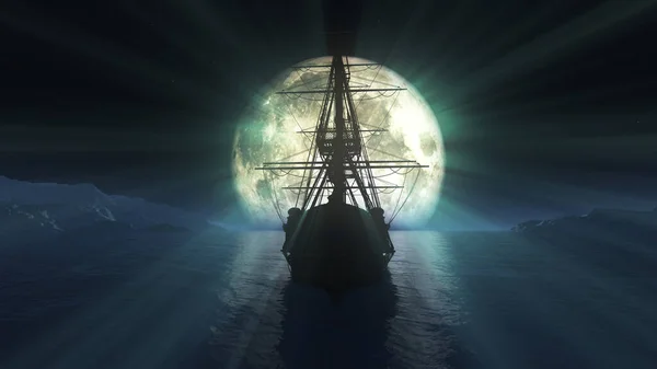 Старое Судно Полной Луне — стоковое фото