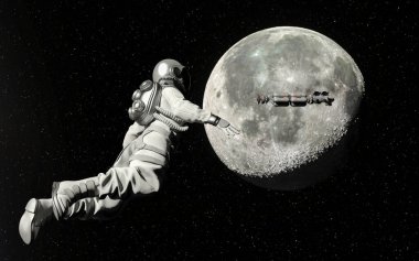 Astronot Ay 'ın arka planında uzayda yürüyor