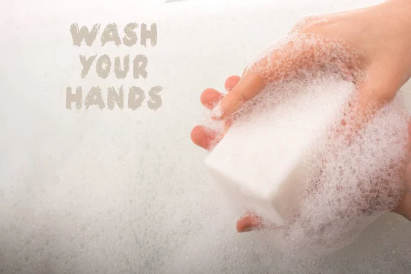 Child Washing Hands Foam Stop Covid — Stock Photo, Image