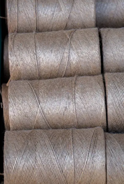 Spools Rolls Brown Color Linen String — Stock Photo, Image