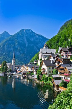 Hallstatt in Alps, Old city view by the lake, Austria 