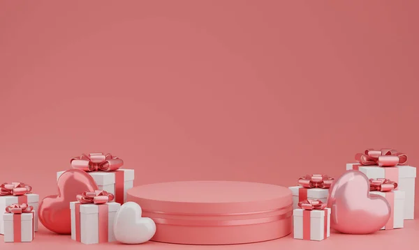 Valentinstag Podium Oder Produktständer Mit Herz Luftballon Und Geschenkbox Auf — Stockfoto