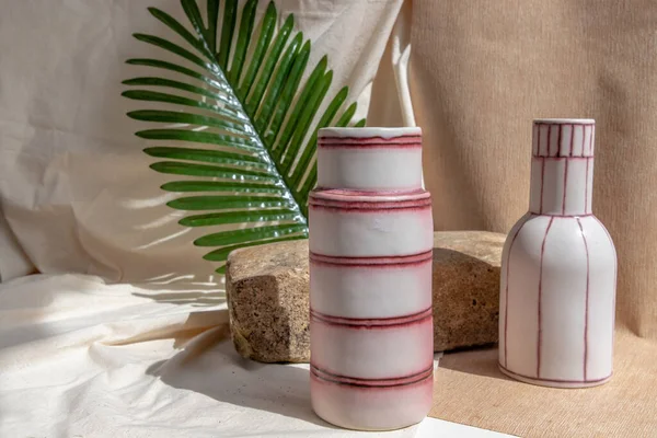 Two White Pink Handmade Ceramic Vases White Textured Table Cloth — Stock Photo, Image