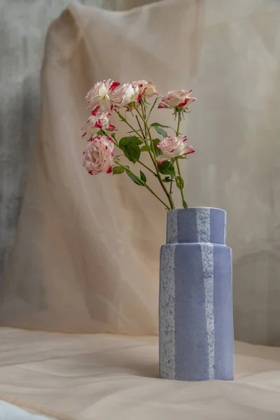 Bouquet Flowers Blue Handmade Ceramic Vase Blush Textured Table Cloth — Stock Photo, Image