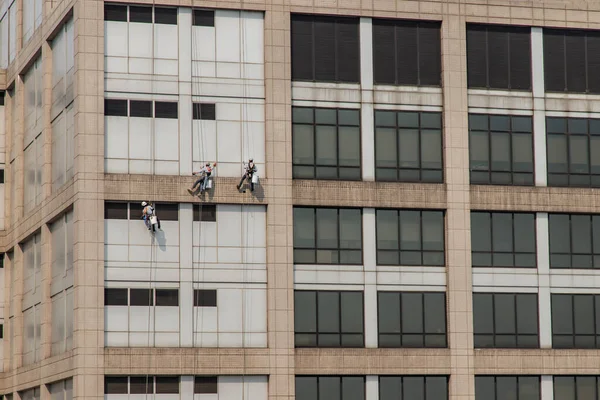 stock image Group of workers cleaning windows service on high rise office building