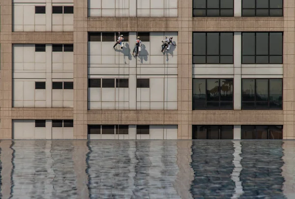 Group Workers Cleaning Windows Service High Rise Office Building — Fotografia de Stock