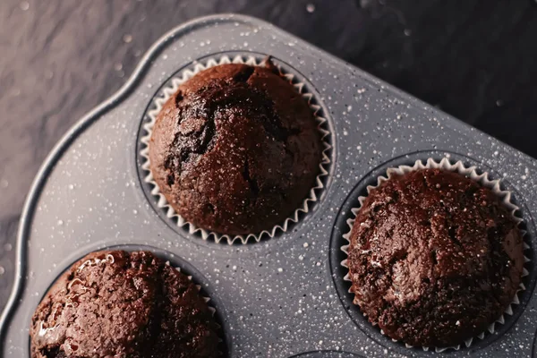 Nur Gebackene Schokoladenmuffins Blech Hausgemachtes Comfort Food Rezept — Stockfoto