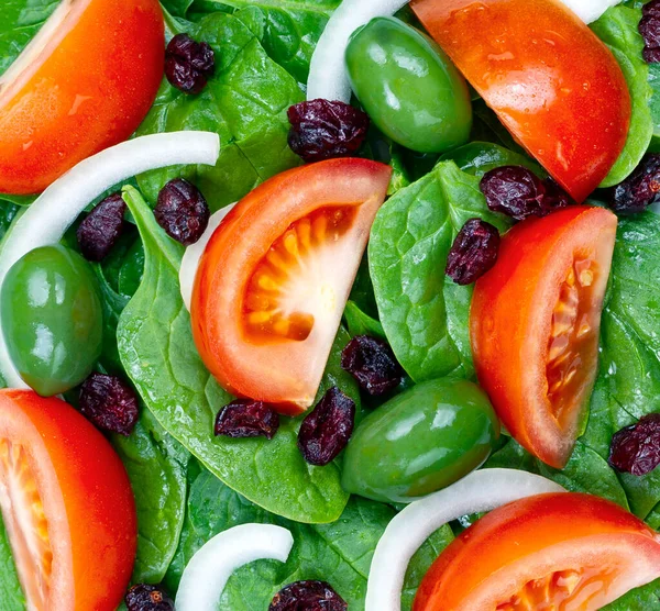 Salada Espinafre Fresca Com Tomate Azeitona Cebola Cranberry Formato Quadro — Fotografia de Stock