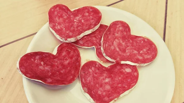 Slices Heart Shaped Sausage Plate —  Fotos de Stock