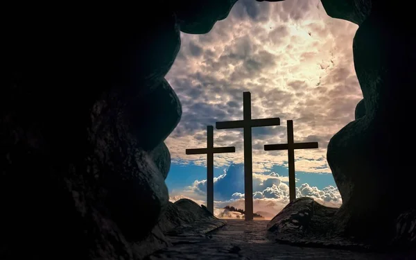 Silhouette Christ Cross Opened Tomb Resurrection Concept — Stock Photo, Image