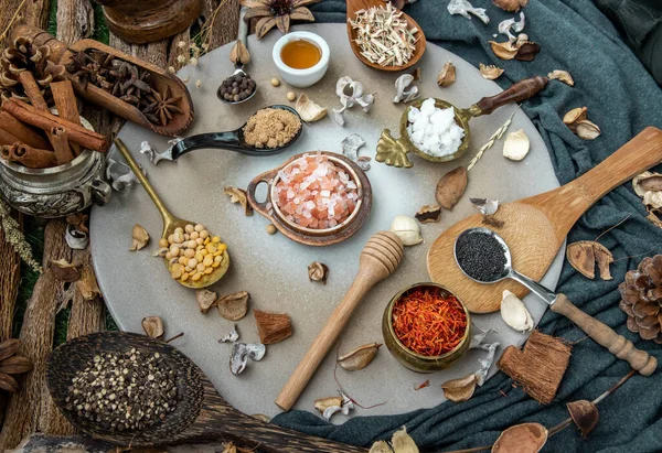 Various Spices Herbs Rustic Style Honey Balck Background — Stok fotoğraf