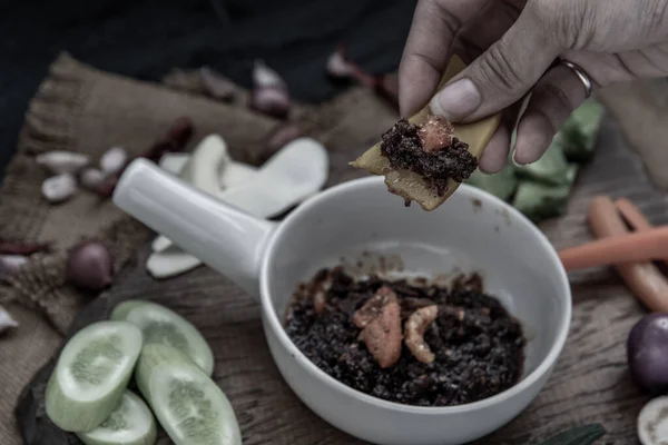 Hand Using Pumpkin Scoop Fried Chili Paste Shrimps Thai Language — Stok fotoğraf