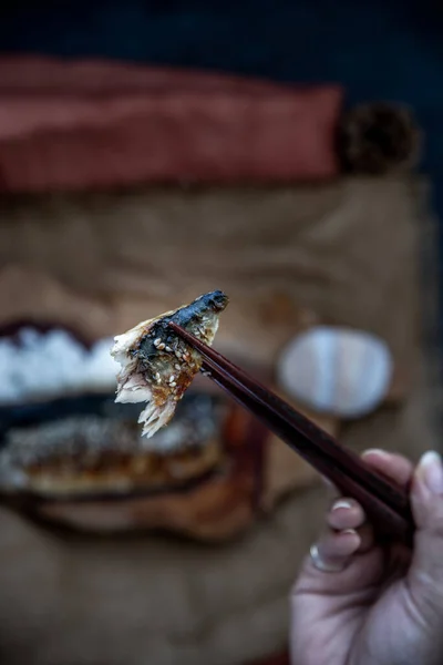 Hand Using Chopsticks Pick Saba Fish Grilled Rice Teriyaki Sauce — Stock Photo, Image