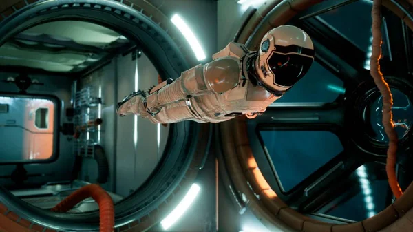 Een Astronaut Zonder Zwaartekracht Controleert Module Van Zijn Ruimteschip Weergave — Stockfoto