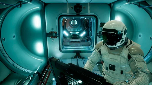 Astronauta Una Nave Espacial Está Mirando Través Ojo Buey Para — Foto de Stock