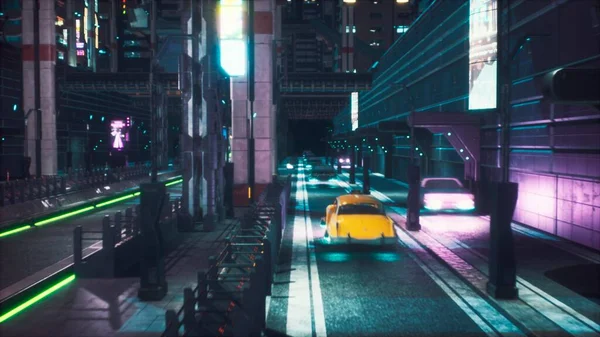 通過車で夜の未来的な鉄道駅や高速道路のビュー 将来の都市の眺め 3Dレンダリング — ストック写真