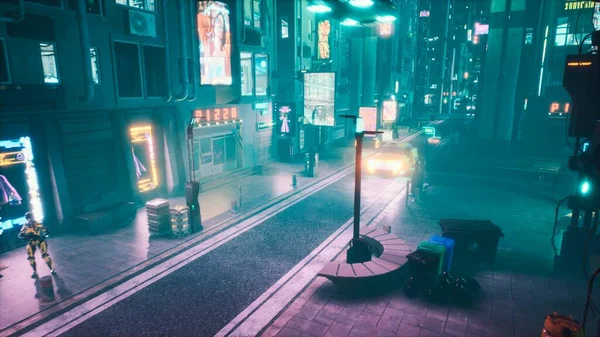 Utsikt Över Natten Neon Gatan Med Flygande Bilar Staden Framtiden — Stockfoto