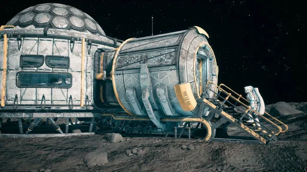 Вид Лунную Поверхность Лунную Колонию Астронавтов Работающих Лунной Базе Рядом — стоковое фото