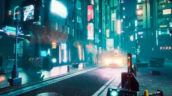 Latające Samochody Pędzą Wzdłuż Neonowej Nocnej Ulicy Miasta Przyszłości Widok — Zdjęcie stockowe