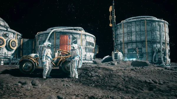 Meeting Astronauts Lunar Base Lunar Rover View Lunar Colony Astronauts — Stock Photo, Image