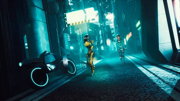 Cyberżołnierz Przemierza Ciemne Ulice Cybernetycznego Miasta Przyszłości Widok Przyszłe Miasto — Zdjęcie stockowe