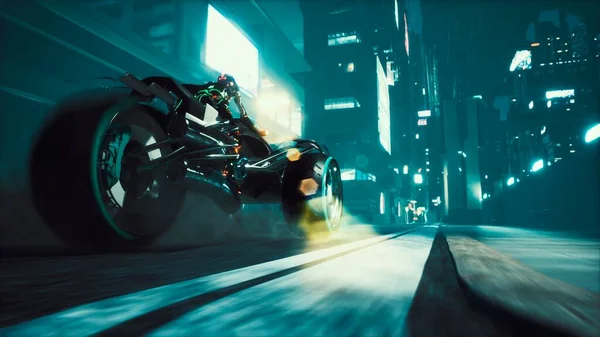 Cyborg Jedzie Ogromną Prędkością Motocyklem Przyszłości Przez Neonowe Ulice Nocnego — Zdjęcie stockowe